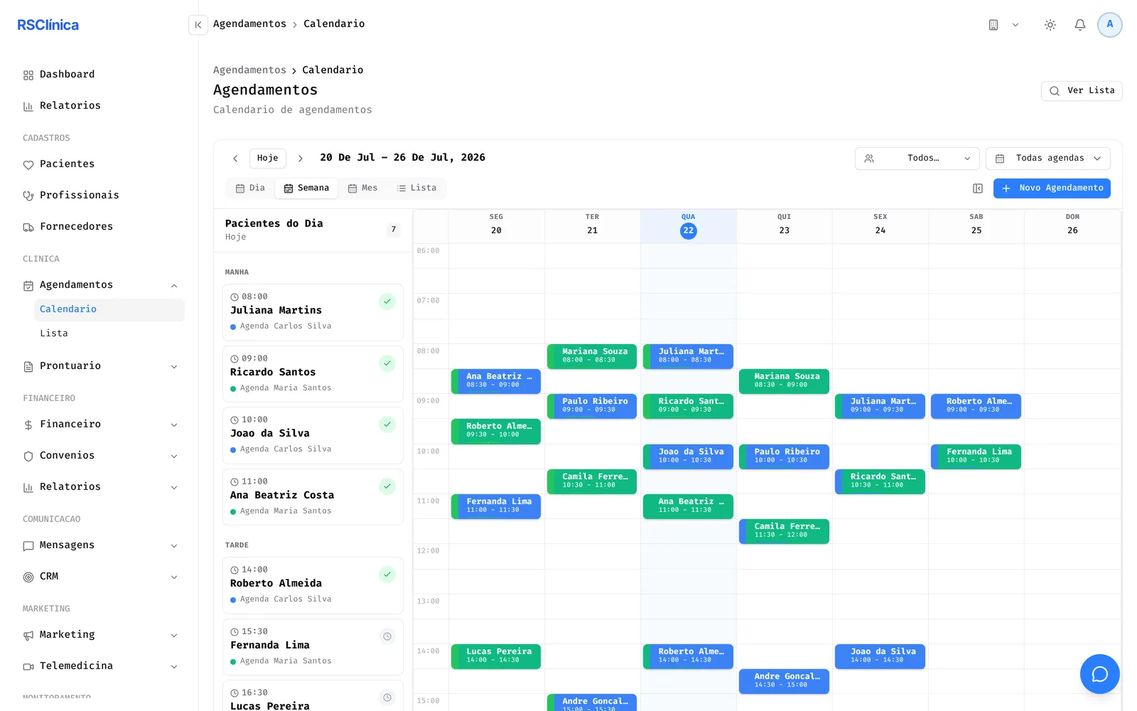 Calendario semanal de agendamentos com pacientes do dia e status coloridos