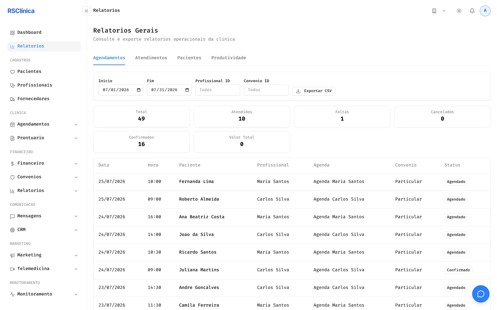 Relatorios operacionais com totais de agendamentos e exportacao CSV